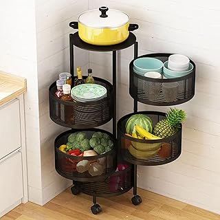 Round Rotating Vegetable Rack - 3/4/5 Tier Fruit Basket Storage Trolley on Wheels - Produce Basket Organizer Cart (5-layers)