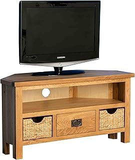 Surrey Oak Corner TV Unit with Baskets | Traditional Rustic Waxed 100 cm Solid Wood Television Cabinet Stand Suitable for TVs up to 45 inches for Living Room or Bedroom