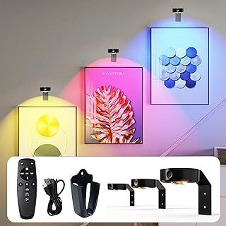 Picture Lights for Wall 3Pack, 2000mAh Rechargeable Battery Operated Picture Lights, 16 RGB Colors Display Light Dimmable, Magnetic Led Painting Light with Remote for Wall Decor Frames