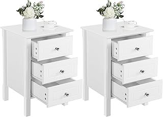 Yaheetech Bedside Table Set of 2, Bedside Cabinet with 3 Drawers and Heavy Duty Solid Pine Wood Legs, Wood Nightstand with Sturdy Structure and Metal Knobs for Bedroom, 40cmL x 40cmW x 60cmH, White