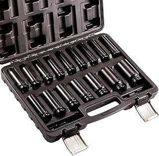 Impact Socket Set 1/2 inch Square Drive Metric 16pcs 10-32mm Long Socket Set Impact Wrench Socket Set 6 Point with Black Strong Case