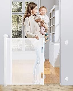 Trongle 0-140 CM Retractable Stair Gate for Babies and Pets, 85 CM Tall Stair Gates for Dogs, Silent One-handed Operation, Retractable Baby Gate for Hallways, Stairs, Indoor and Outdoor, White