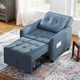 Vesgantti 3 in 1 Sofa Bed Blue, Convertible Sleeper Chair Bed with Adjustable Backrest, Fabric Single Chair with Side Pockets, Foldable Sofa Bed, Pull Out Sofa for Living Room