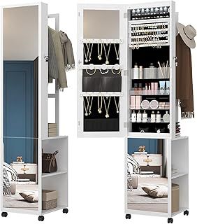 Hzuaneri 8 LEDs Mirror Jewelry Cabinet, Jewelry Storage Organizer with Garment Rack, Lockable Full-Length Mirror with 4 Wheels, Storage Shelves with Hooks, 5-in-1, White and Black JC17003B