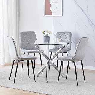 Menaka 5 Pieces Round Clear Glass Dining Table and Grey Velvet Chairs Set of 4 Small Space, Modern Kitchen Table with Chairs for 4 People Restaurant