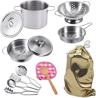 Stainless Steel Pretend Cooking Utensils Cookware Set,Mini Play Kitchen Accessories,Play Pots and Pans Toys Packed in a golden cloth bag for Kids Toddlers