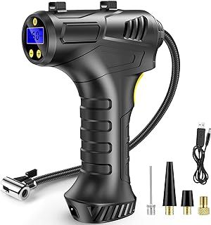 Cordless Tyre Inflator Air Compressor, 12V USB Rechargeable Battery Portable Handheld Electric Digital Tyre Pump with LED Light and 3 Nozzle Adaptors for Car Motorcycle Bicycle