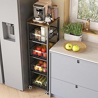 5 tier kitchen storage trolley,fruit basket stand,vegetable storage rack on wheelsy,5-tier kitchen basket trolley,tall trolley on wheels,chefs trolle(40cm*30cm*107cm -black)