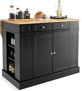 Large Kitchen Island, Kitchen Sideboard with Extendable Rubber Wood Worktop, Drawers, Adjustable Shelves & Side Racks, Living Dining Room Cabinet Cupboard (Black Body)