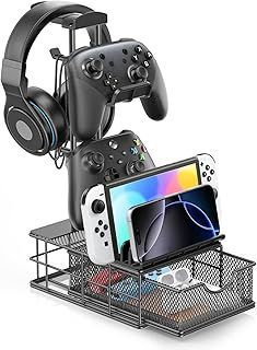 Headphone Stand with Drawer & Cable Organizer - Controller Stand Holder for Desk, Aluminum Supporting Bar Earphone Stand - Universal Headset Holder for Gaming PC Accessories Storage