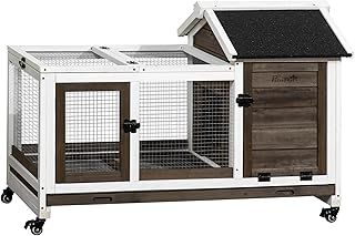 PawHut Wooden Rabbit Hutch with Wheels, Guinea Pig Cage, Small Animal House for Outdoor & Indoor with Slide-out Tray, 108 x 58 x 73.5cm, Brown
