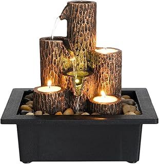 SURPRIZON Tiered Column Tabletop Fountain with 3 Candlesticks, Mini Waterfall for Indoor Spaces, Relaxation Water Feature,Black,9 inchL x 6.9 inchW x 9.2 inchH