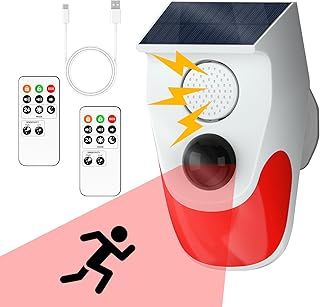 Cuteefun Solar Motion Sensor Alarm, Shed Alarm with 2 Remote Control, Wireless Infrared Motion Detectors, 120dB Volume, 3 Working Modes, Outdoor Home Alarm System for Garage, Farm, Garden, Office