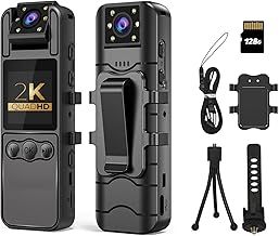 2K 128GB 1.4” Screen Body Camera with Audio and Auto Video Night Vision 1440P UHD Mini Police Wearable Body Worn Cam Portable Small Personal Camcorder Sport Action Outdoor Video Recorder (Black)