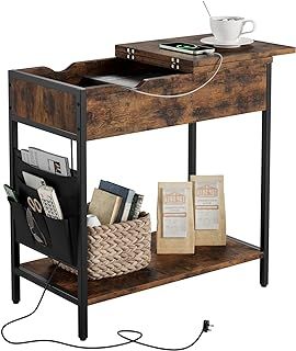 Nicehill Side Table with Charging Station, Narrow End Table with USB Ports, Outlets, Fabric Bags, Storage Shelf, Narrow Bedside Table for Small Rooms, Bedroom, Living Room, Easy Assembly, Rustic Brown