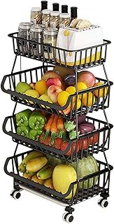 BRIAN & DANY 4 Tier Vegetable Storage Rack, Stackable Fruit Vegetable Stand with Lockable Casters and 5 S-Hooks for Kitchen, Pantry, Bathroom, Garage