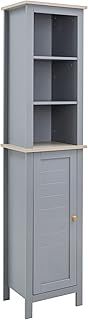 Bathroom Floor Storage Cabinet with 3 Tier Shelf and Cupboard with Door, Free Standing Linen Tower, Tall Slim Side Organizer Shelves, Grey