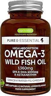 Igennus Omega-3 Wild Fish Oil & Astaxanthin, Highest Grade Triglyceride Form rTG Omega-3 EPA & DHA Fatty Acids 1000mg, Ultra Pure; Free from Environmental Toxins, Lemon Flavour, 180 Small Softgels