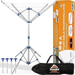 Aluminium Rotary Washing Line Airers, Clothes Airer Outdoor, Portable, Foldable & Freestanding 4 Arm For Indoor & Outdoor Dryer Caravan, Silver