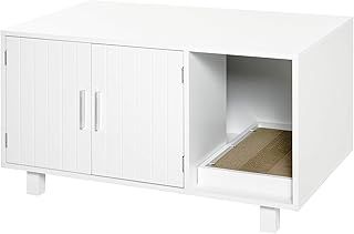 PawHut Wooden Cat Litter Box Enclosure & House with Nightstand/End Table Design, Scratcher, & Magnetic Doors, White