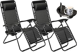 Set of 2 Sun Lounger Garden Chairs With Cup And Phone Holder | Adjustable Headrest Pillow | Deck Folding Recliner Zero Gravity Outdoor Chair - Black
