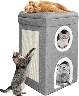 Cat House Cave For Indoor Cats,Three Layer Condo With Cushions,Foldable Storage Cat Nest Bed,With Cat Scratching Board,Cube For Indoor