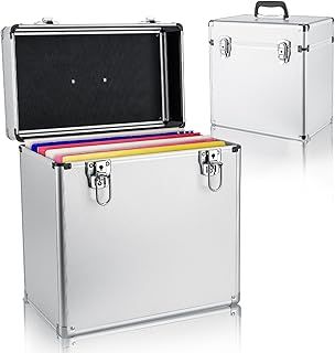 Record Storage Box 12" Vinyl LP Storage Box Case Aluminum Portable Lockable DJ Flight Carry Case Holds 50pcs Albums (Silver)