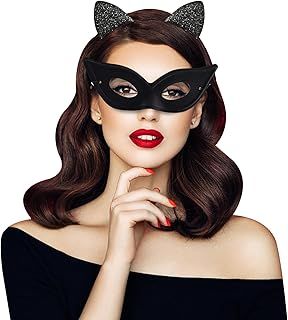 Cat Mask and Cat Ears Headband Set, Black Cat Eye Mask With Elastic String Masquerade Masks for Women Girls Catwoman Mask for Cat Themed Party Cosplay Costume,20*7.5cm/18.5*15cm