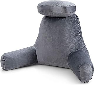 CASART Bed Rest Pillow, Reading Pillow with Support Arms, Pocket & Portable Handle, Lumbar Support Cushion for Reading Watching TV Gaming (Grey)