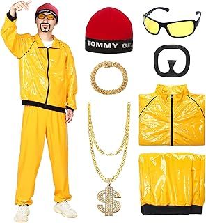 90s Fancy Dress Costume for Men - Ali G Costume with 6Pcs 90s 80s Rapper Funny Shell Suit, Necklace, Glasses, Beard for Halloween & Stag Do