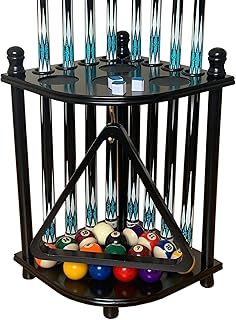 Floor Pool Cue Rack Hold 8 Cue Sticks & Billiard Accessories. Corner Stand Pool Cue Holder Made of 100% Solid Hardwood. Provided Ball Rack Hook. CUE RACK ONLY (Black)
