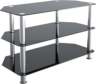 Glass Corner TV Stand – Universal Black Glass TV Unit 80cm wide with Glass Shelves – TV Floor Stand Suitable for up to 42” TVs and Max Weight 40Kg