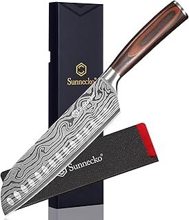 Sunnecko Santoku Knife Japanese for Kitchen - 7 Inch Kitchen Knife with High Carbon Stainless Steel Blade Japanese Style Chef Knife with Pakkawood Handle and Black Blade Cover