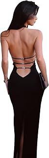 KOEMCY Women's Backless Dresses Halter Neck Sexy Sleeveless Long Dress Sexy Fish Tail Dress Bodycon Maxi Dress Club Party Prom Evening Dresses