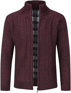 Sliktaa Mens Knitted Cardigan Thick Sweater Full Zip Stand Collar Warm Jumper Fleece Lined Winter Coat