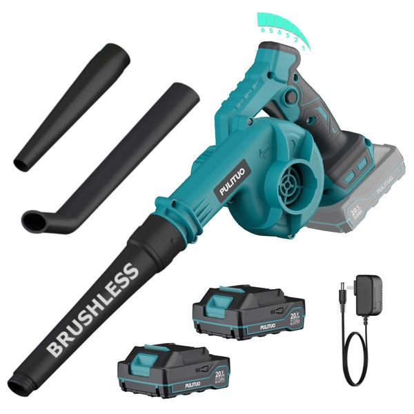 Cordless Leaf Blower Compatible with Makita 18V Battery, Powerful Brushless Leaf Blower, 242 km/h, 6 Speeds, Lightweight Small Garden Blowers with 2 Batteries for Jobsite Leaves Dust