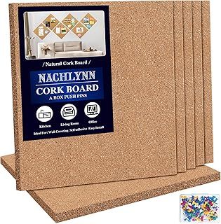 Cork Board 6 Pack 30x30cm Self-Adhesive Corkboards for Wall Square Bulletin Board with 100 Push Pins Frameless Cork Tiles for Walls Home Office