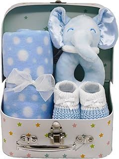 Newborn Baby Boy Gifts Set Hamper Keepsake Box with an Elephant Theme