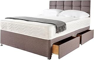 4FT Small Double Grey Linen Look Divan Bed with Spring Memory Foam Mattress 10", Cubic Headboard 20" and 2 free Storage drawers (Small Double L= 190 cm x W= 120 cm)