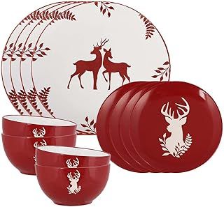 12 Piece Stoneware Dinner Set - Tableware Service for 4 - Christmas Dinner Plate, Side Plate & Bowl Red