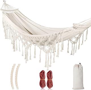 MOSFiATA 285x155cm Hammock with Spreader Bars, Camping Hammock Outdoor, with Thickened Durable Canvas Fabric and Sturdy Metal Knot, 550 lb Load Capacity, for Backyard, Garden (white)