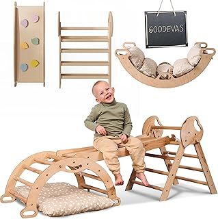 5-in-1 Indoor Climbing Frame for Toddlers -Triangle Ladder, Climbing Arch, Balance and Cushion, Montessori Climbing Frame, Kids Wooden Gym, Foldable Climbing Toys for Kids 1-3 Age