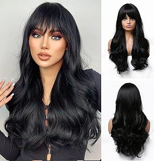 Esmee Long Wavy Black Wigs for Women Synthetic Brunette Hair Wig with Fringe for Daily Party Cosplay Use-26Inches