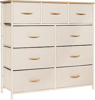LYNCOHOME Chest of Drawers, Bedroom Drawers, Fabric Dresser with Wood Top and Large Storage Space, Easy to Assemble, for Bedroom, Living room, Kids room, Closet (Beige, 9 Drawers)