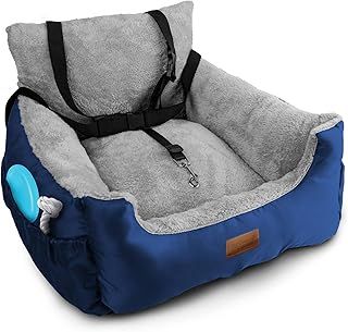 Dog Car Seat (Navy/Grey), Plush & Cosy Pet Car Booster Seat for Small Dogs & Cats with Storage Pocket, Car Dog Bed with Safety Leash, Waterproof Liner & Non-Slip Base,Dog Travel Bed