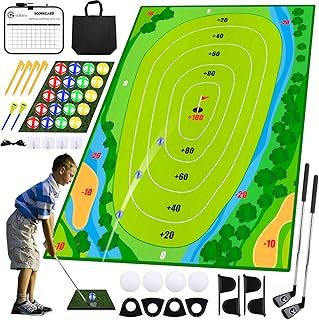 Auney Kids Golf Game Set,Golf Practice Mat with 2 Retractable Clubs,20 Balls,2 Chipping Mat and 1 Score Board,Indoor Outdoor Golf Set Backyard Game for Kids Adults Family