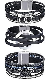 3Pcs Leather Bracelets for Women Boho Leather Wrap Bracelets Western Wrist Cuff Bangles with Magnetic Buckle Multilayer Stackable Gold/Black/Gray/Turquoise Leather Bracelet Set