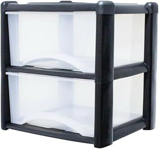 2 Plastic Storage Drawers Unit with See-Through Drawers, Compact Vertical Design – Durable Plastic, Ideal for Organizing Office Crafts, and Household Items, 40cm x L39cm x W39cm - Black/Clear