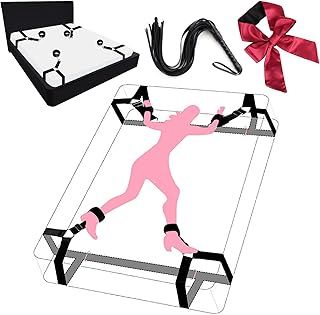 Sex Bondage BDSM Kit Bed Restraints Set, Easy Install Sex Rope Adjustable Straps, Sex Toys with Handcuffs Ankle Cuff Whips for Adults Women Couples Game Pleasure