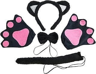 Cat Costume Set Included Cat Ears Headband Bowtie Tail Cat Paw Gloves Animal Costume for Fancy Dress Up Cat Cosplay Costume Halloween Accessories Birthday Party